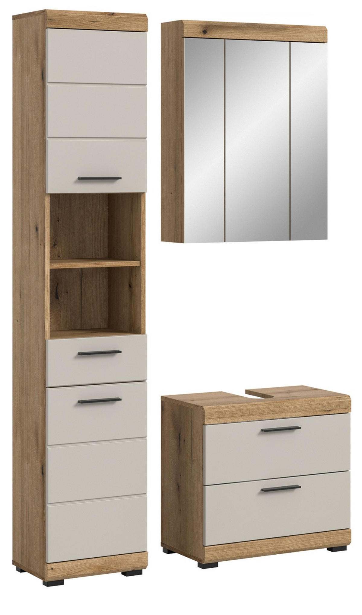 BADMÖBEL Set 3-teilig in Sand Kaschmir und Evoke Eiche Badkombination 112 x 191 cm Shawn - Kaschmir/Eichefarben, Glas/Holzwerkstoff (112/191/34cm) - Inn.Furn