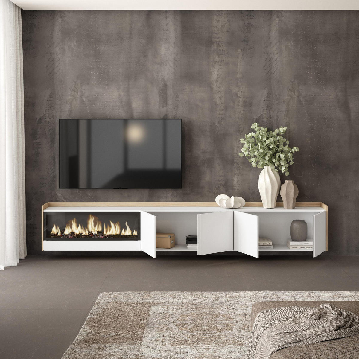 LOWBOARD, Weiß und Eiche, 315/35/50cm, Kamin mit Feuereffekt XXL - Weiß, Holzwerkstoff (315/50/35cm) - Skraut Home