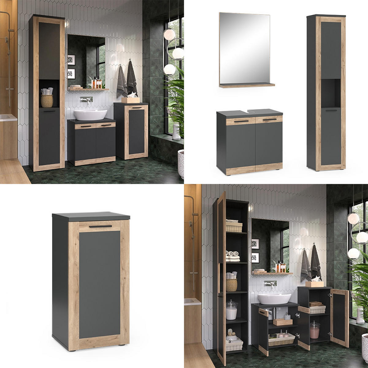 BADMÖBEL-SET Niko Anthrazit/Viking Oak mit Midi- und Hochschrank - Eichefarben/Anthrazit, Holzwerkstoff (60/59.1/34.3cm) - Vicco