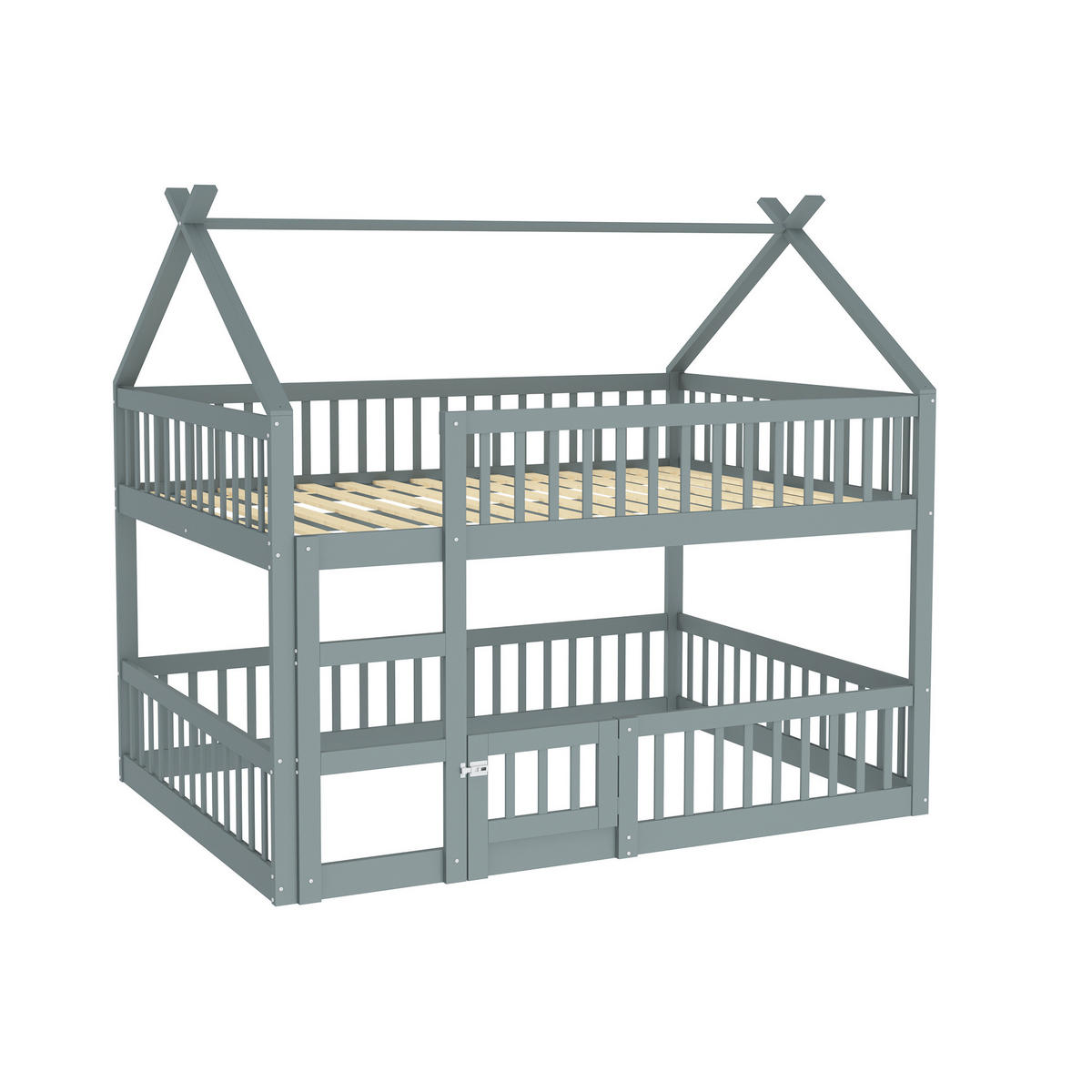 HAUSBETT 140/200 cm in Grau aus Massivholz mit Treppe und hohem Rausfallschutz - Grau, Holz (140/200cm) - Flora Grace