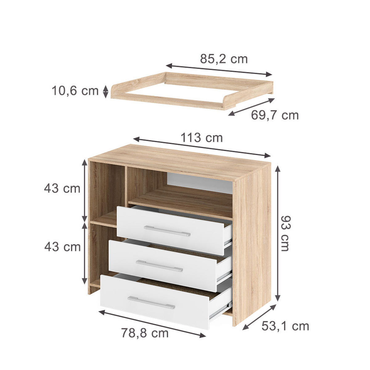 WICKELKOMMODE Oskar Weiß/Sonoma 113 x 100 cm - Weiß/Sonoma Eiche, Holzwerkstoff (113/100/53cm) - Vicco