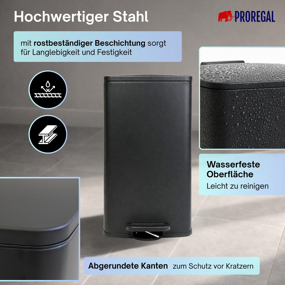 MÜLLEIMER 60 Liter mit Softclose & Fußpedal - Schwarz, Metall (41.5/75.5/49cm) - PROREGAL