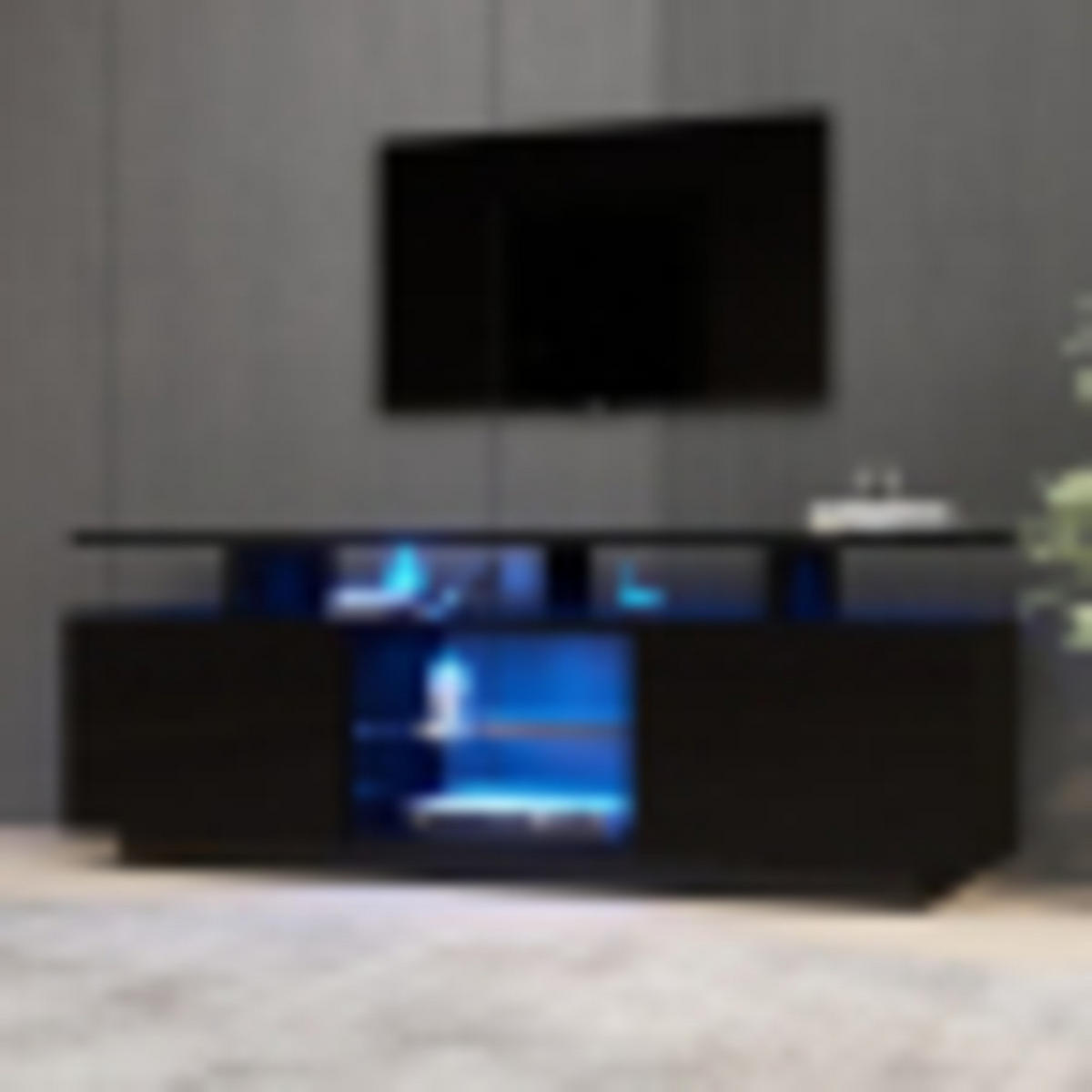 TV-SCHRANK Schwarz mit Hochglanz-Türen, appgesteuerter LED-Beleuchtung und offenem Stauraum 140 × 35 × 55 cm - Schwarz, Holzwerkstoff (140/55/35cm) - Luhomfu