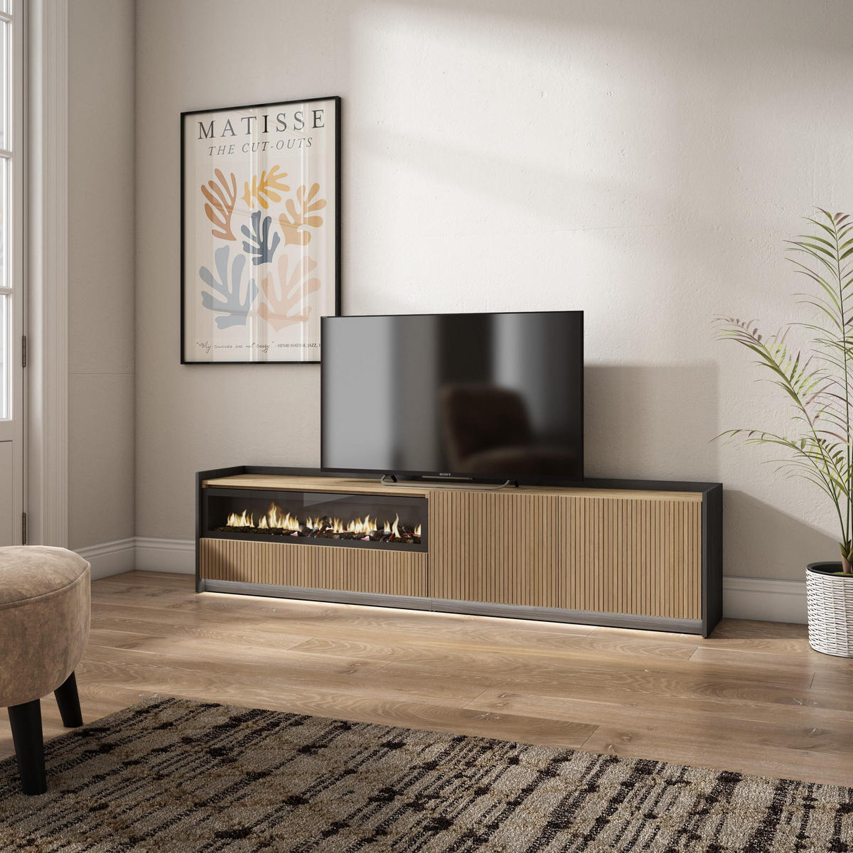 LOWBOARD, Eiche und Schwarz, 207/37/50cm, Elektrokamin, Led - Eichefarben, Holzwerkstoff (207/50/37cm) - Skraut Home