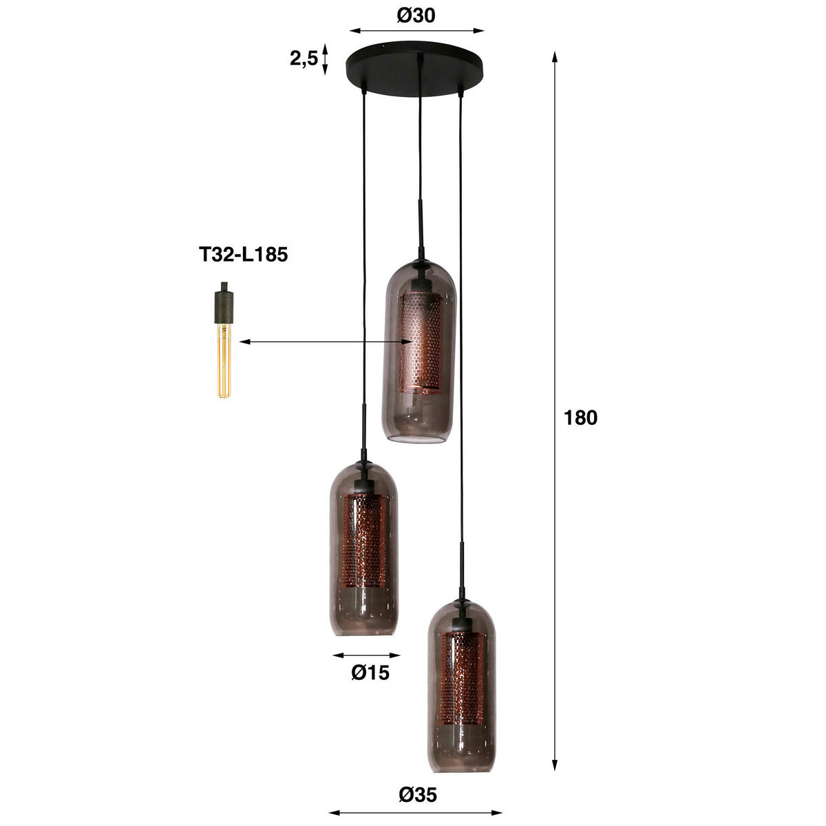HÄNGELEUCHTE Rauchschwarz 35/35/180 cm - Schwarz, Glas (35/35/180cm) - Hoyz Collection