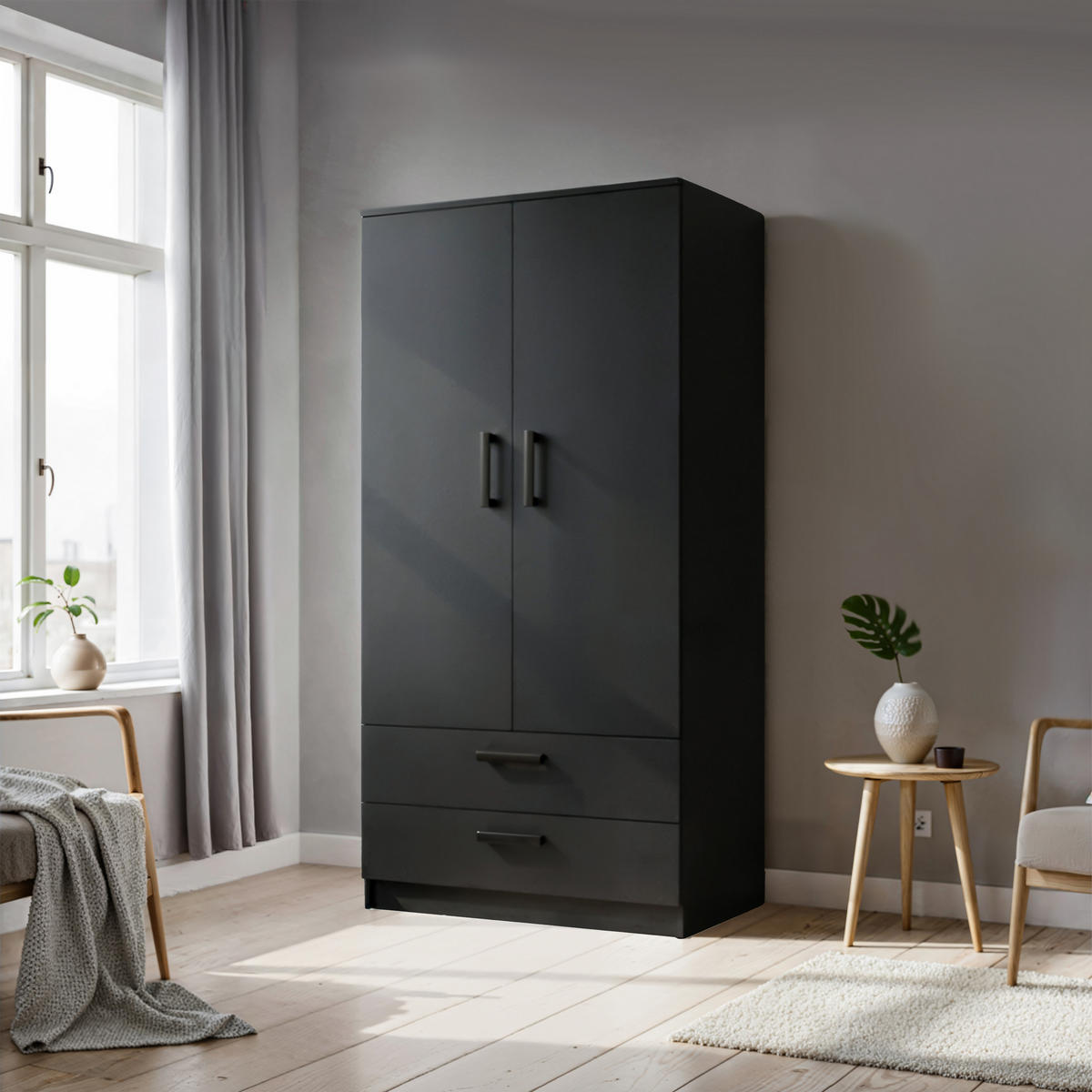DREHTÜRENSCHRANK DOVI 90/180/50 cm 2-türig Schwarz - Schwarz, Holzwerkstoff (90/180/50cm) - MASSENO