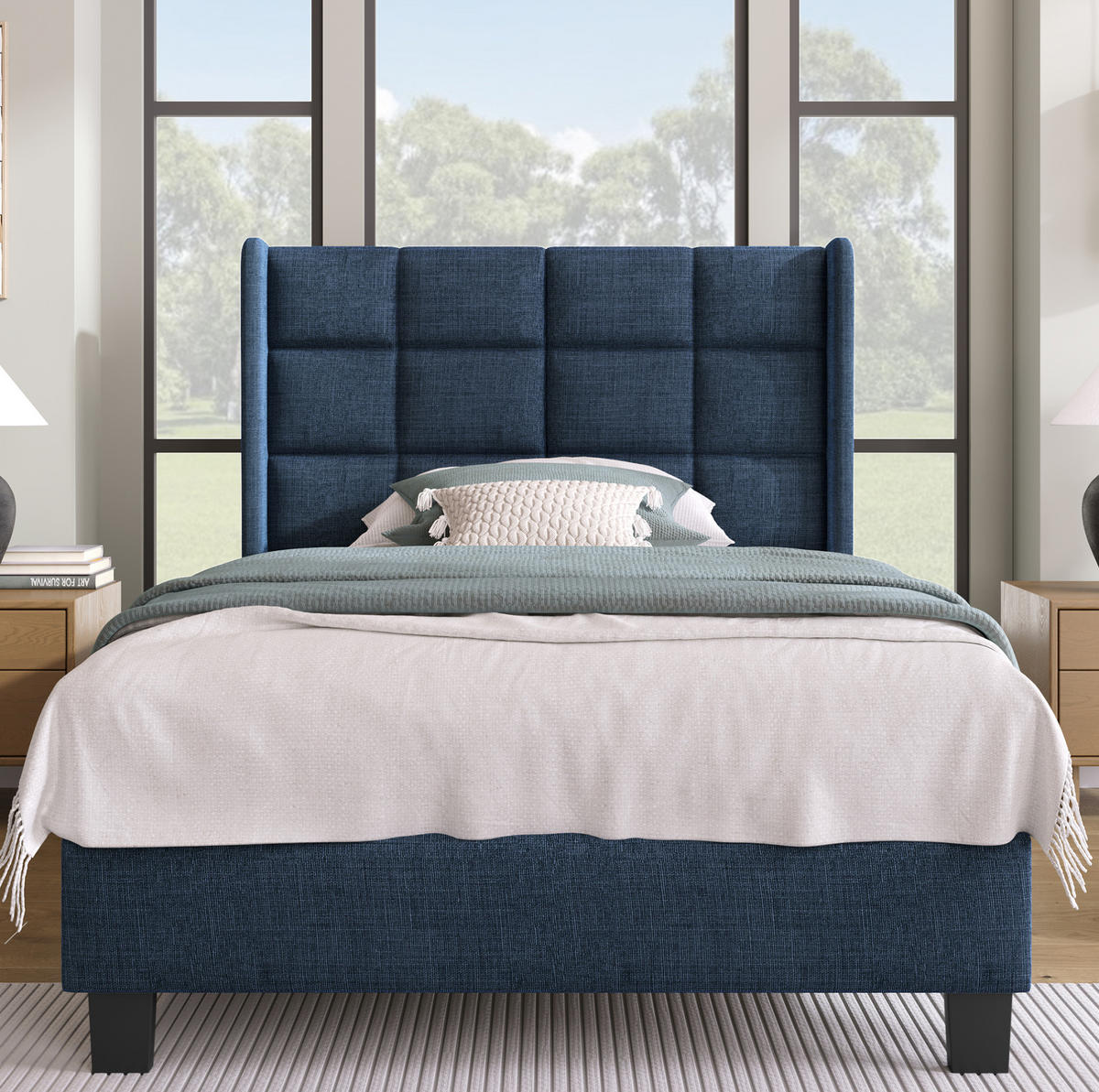 POLSTERBETT aus Leinen 90x200 cm in Blau mit Lattenrost - Blau, Textil (90/200cm) - Modfu