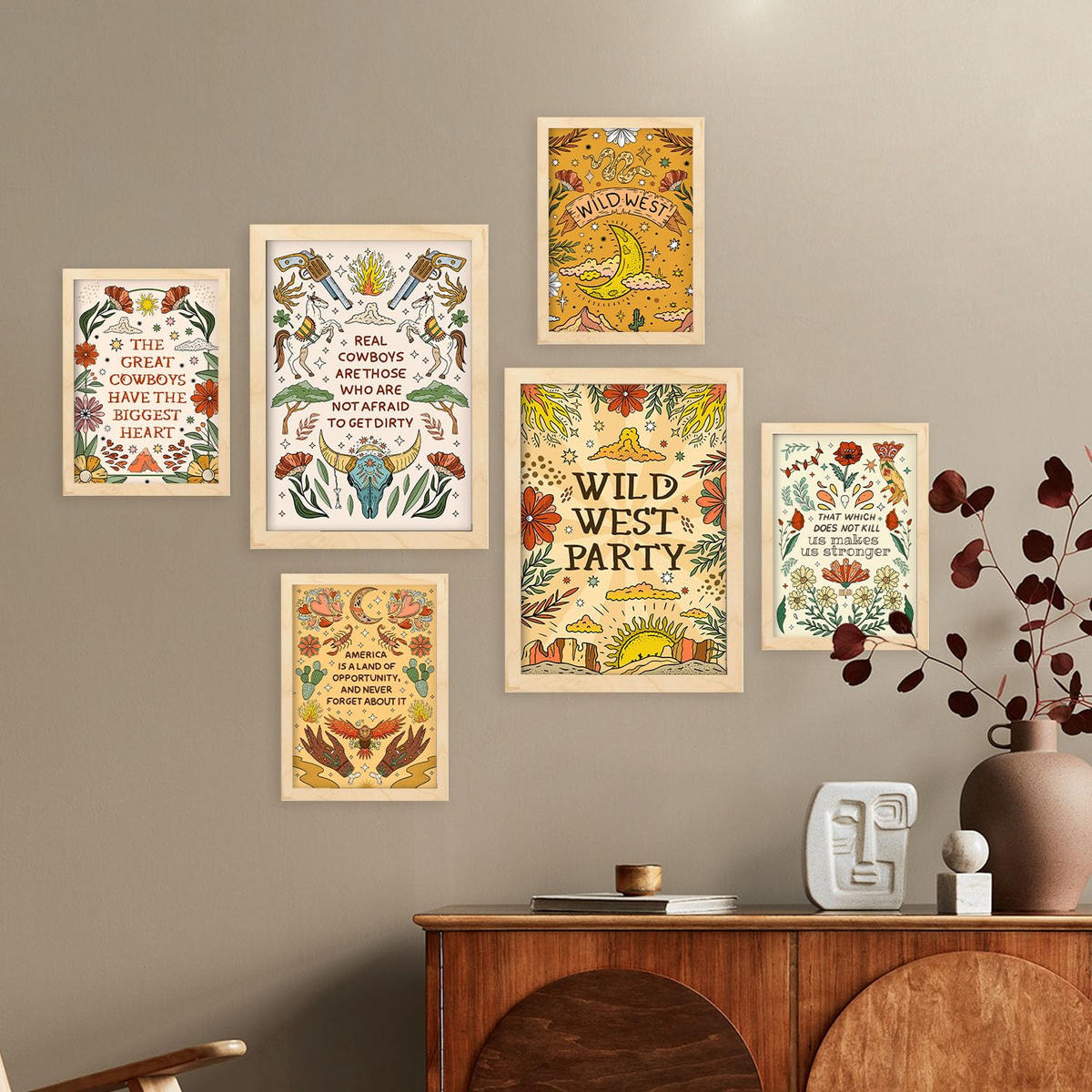 POSTER Set Mit 6 Wundervoller Wildwest-Ästhetische Dekorative Gemälde Für Ihr Wohnzimmer Oder Zuhause Wandkunstdruck A3 & A4 Rahmen Aus Hellem Holz - Beige, Papier (29/3cm) - Nacnic