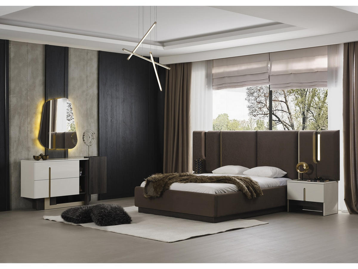 BETTANLAGE Pedro Brown Typ-1 Bett mit Kopfteil, 2 Nachttische, Kleiderschrank und Kommode - Braun, Holzwerkstoff (160/200cm)