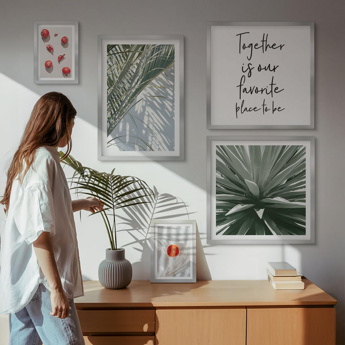 WANDBILDER 5er Set - 50x50 cm & 20x30 cm & 40x60 cm Silberner Rahmen - Feiertags-Palmenfrucht-Inschrift - Silberfarben, Kunststoff (40/60cm) - ArtPrintCave