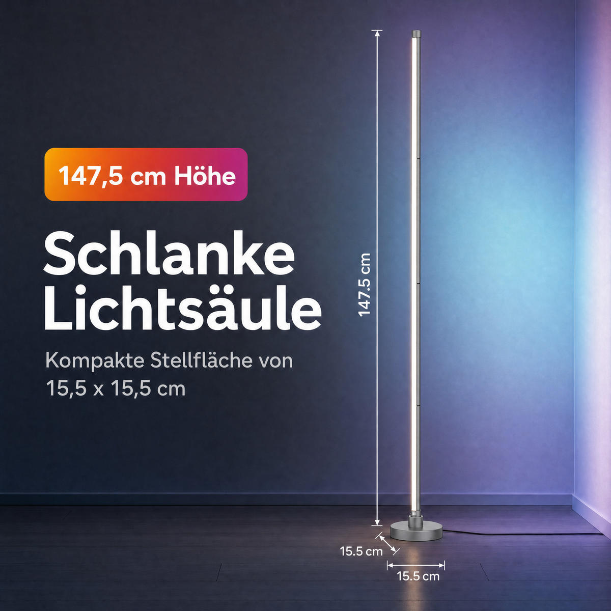 LED-ECKLAMPE - mit Fernbedienung und Soundsensor für RGB- und warmweiße Beleuchtung in Grau - Grau, Kunststoff (15.5/15.5/147.5cm) - Northpoint