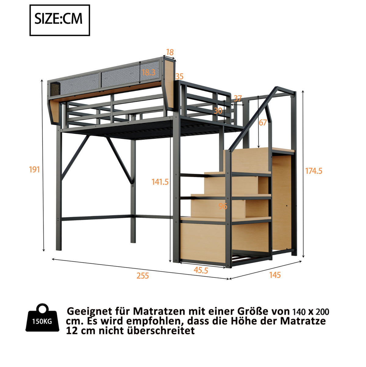 HOCHBETT 140/200 cm schwarz aus Metall und MDF mit Leiter und Ablagefach - Schwarz, Metall (140/200cm) - OKWISH