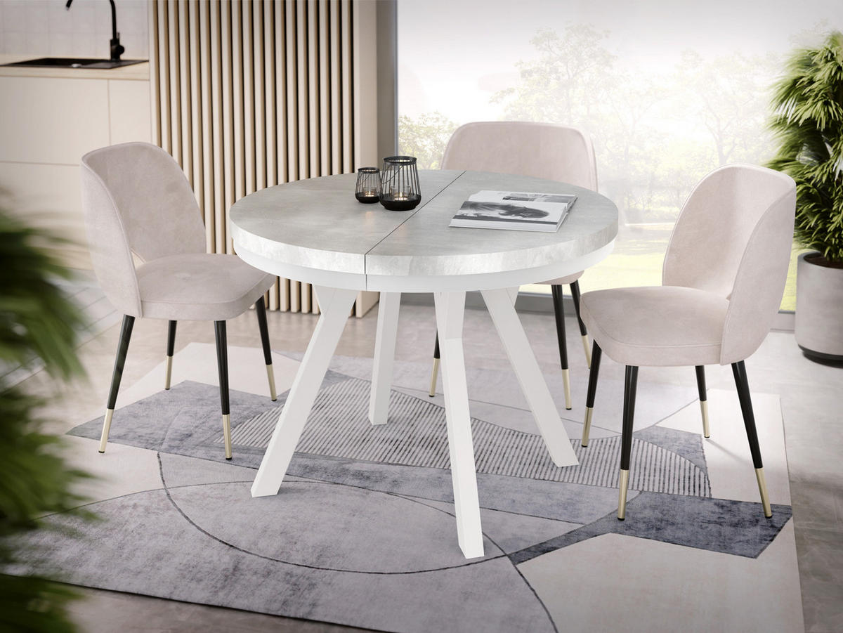 ESSTISCH Lume Weiß runder ausziehbarer, Grauer Beton 100-150/100/76 cm - Hellgrau/Weiß, Holz/Holzwerkstoff (100/150/76cm) - WFL GROUP