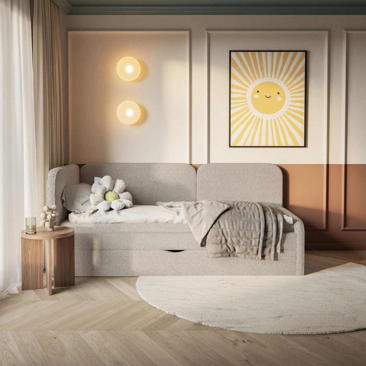 ČALOUNĚNÁ postel Cuddy, čelo vlevo, plyšová látka béžová, 90x200 cm - černá/béžová, textil/plast (90/200cm) - Selsey