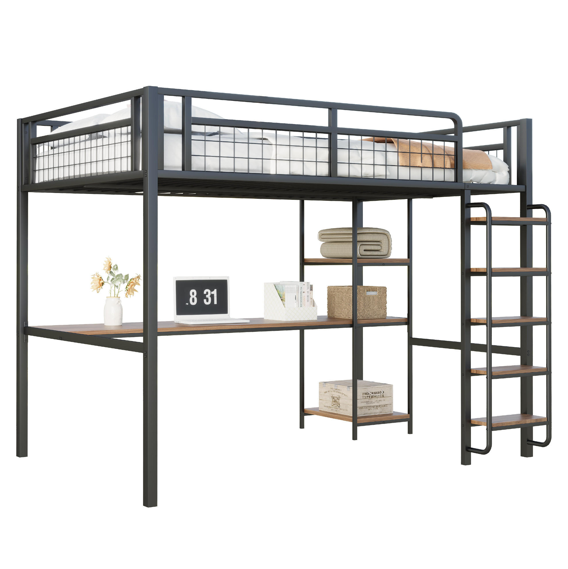 HOCHBETT mit Schreibtisch 140/200 cm in Schwarz – mit Regal, Leiter und Rausfallschutz - Schwarz, Metall (140/200cm) - BEAOK