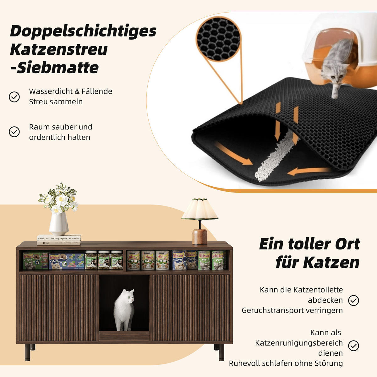 SIDEBOARD Nussbaumfarben aus MDF 120×50×66cm als Katzentoiletten-Schrank mit Sandauffangmatte und Ablagefächern - Nussbaumfarben, Holzwerkstoff (50/66/120cm) - Luhomfu