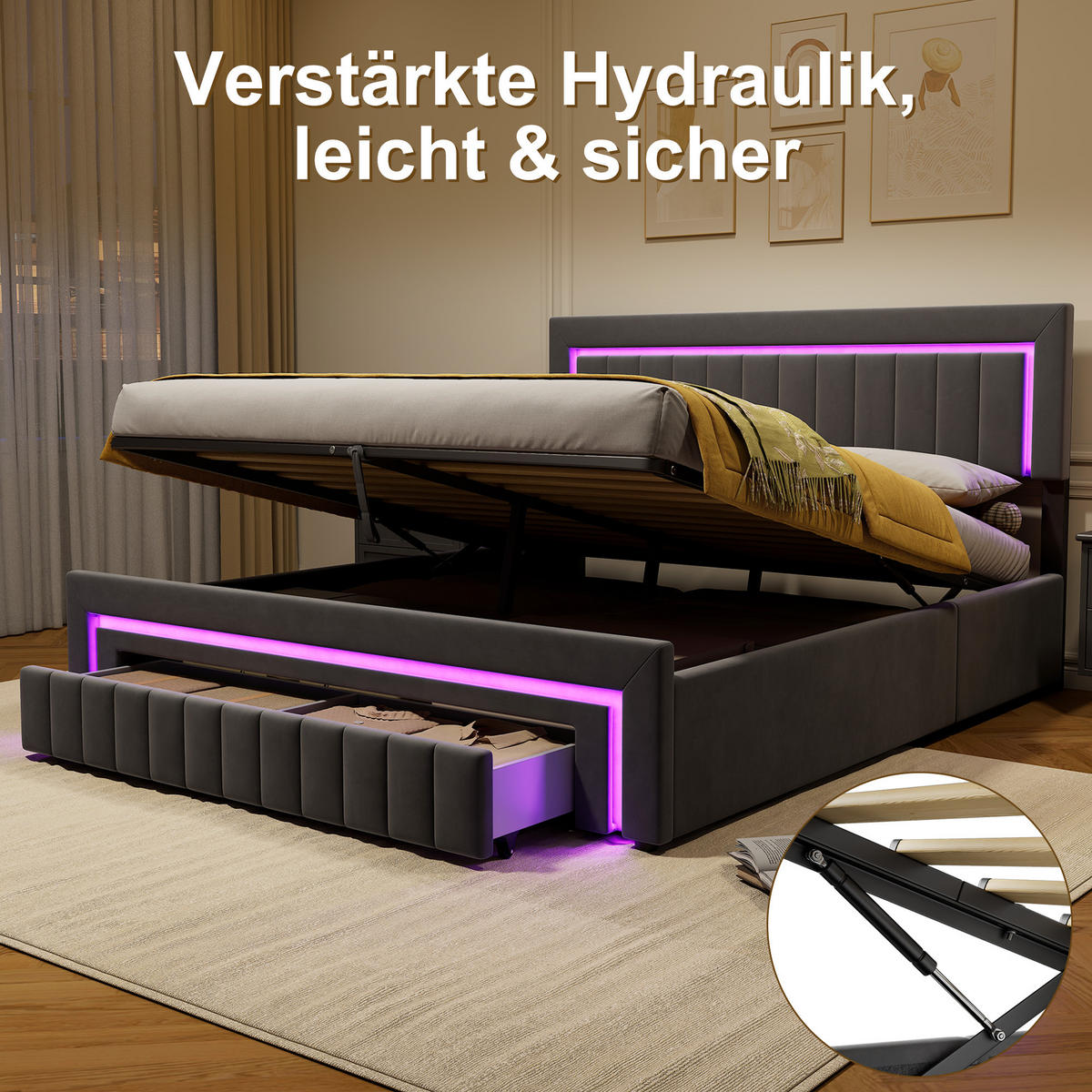 ČALOUNĚNÁ postel 180/200 cm tmavě šedá ze sametu s kovovou a dřevěnou konstrukcí, LED osvětlením a zásuvkami - tmavě šedá, textil (180/200cm) - OKWISH