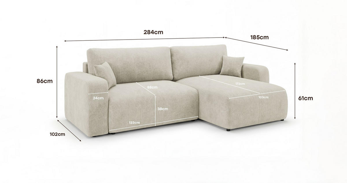 ECKSOFA BERLIN rechts weiß Cord Poso 100 - Schlaffunktion, Bettkasten - Weiß, Textil (285/184cm) - Cornero