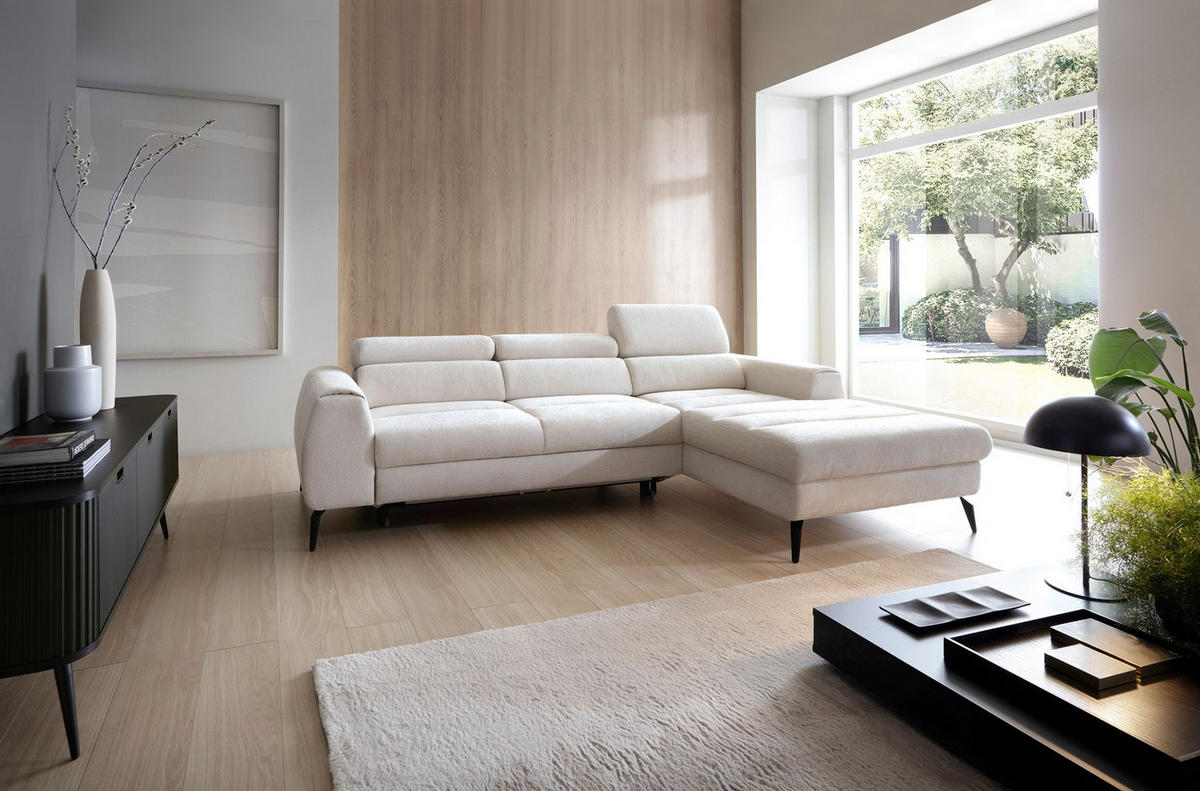 ECKSOFA NOTE Creme Chenille mit Schlaffunktion - Creme, Holz (270/184cm) - MASSENO