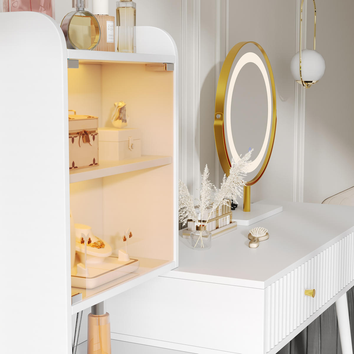 SCHMINKTISCH in Weiß mit 3-Farben LED-Spiegel - Weiß, Holzwerkstoff (135/125/40cm) - Urban Meuble