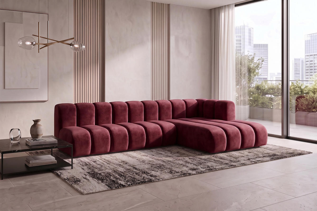 ECKSOFA Modulares In L-Form, Velvet-Stoff Riviera, Rotwein, Rechts, GRAND 295 cm - Dunkelrot, Holz (295/179cm) - Kaiser Möbel