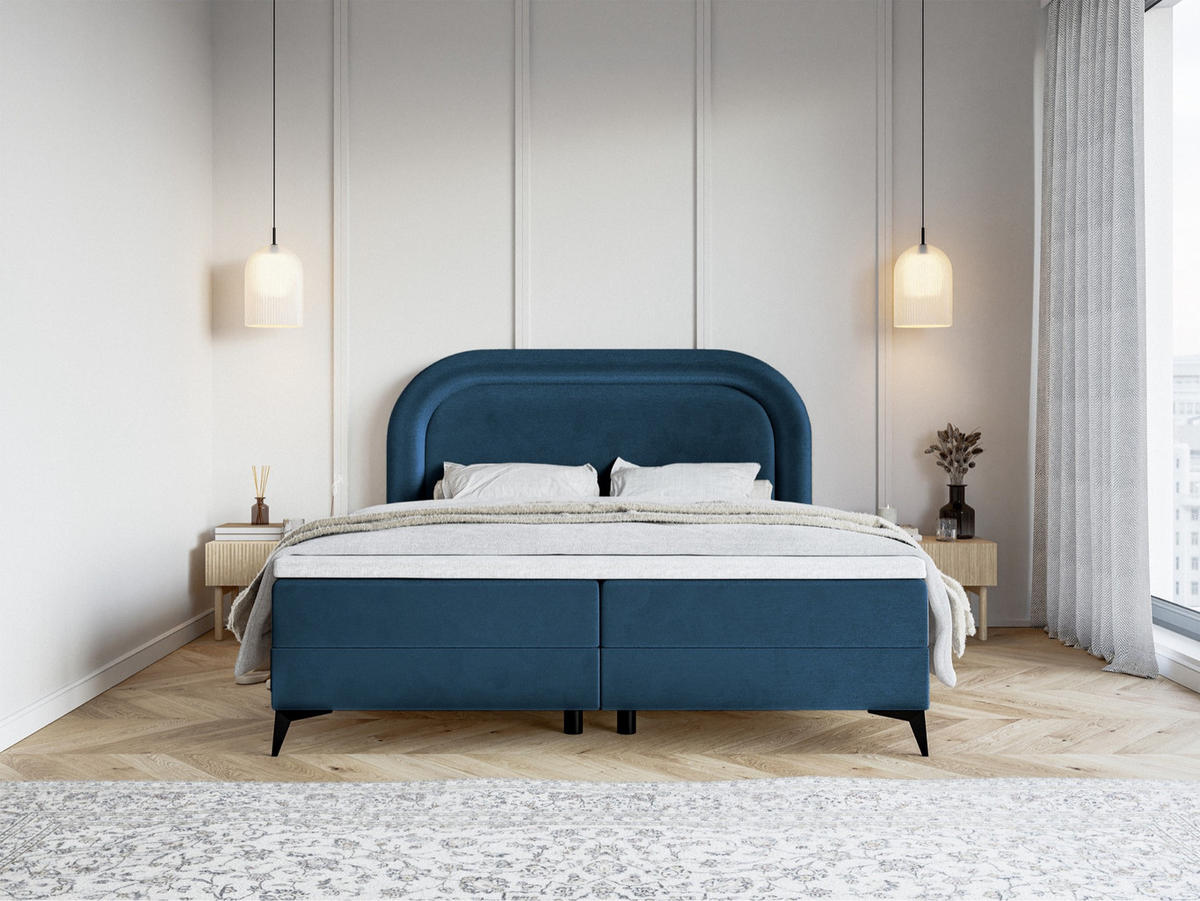 BOXBETT LOREO Dunkelblau Samt wasserfest 180x200 cm - Schwarz/Dunkelblau, Holz/Textil (180/200cm) - Selsey