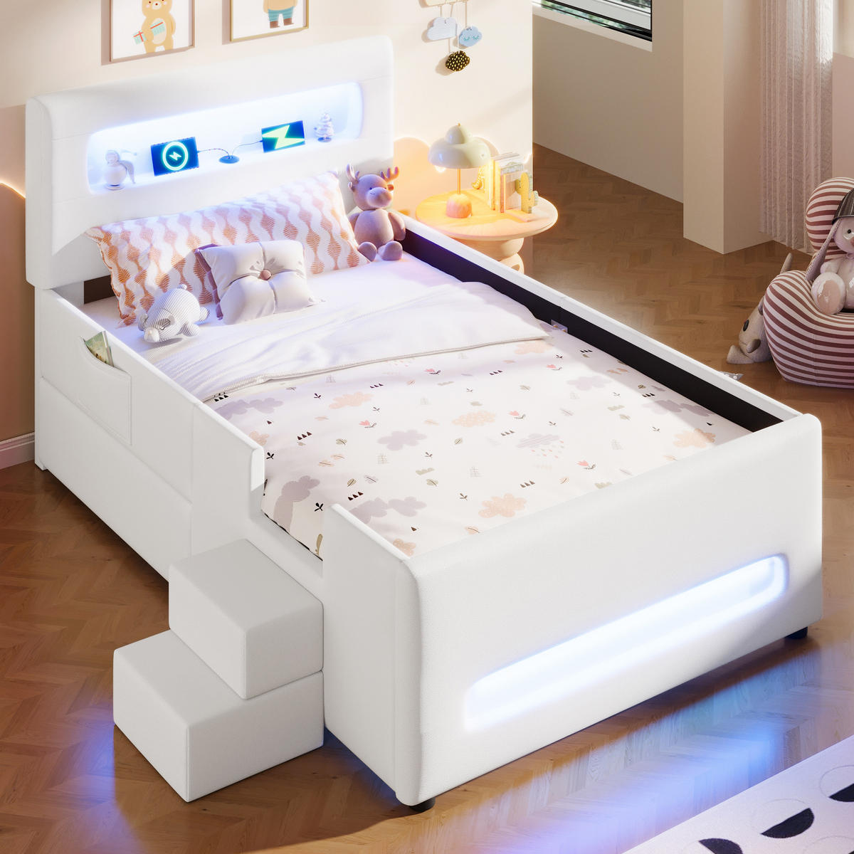 POLSTERBETT 90/200 cm in Weiß mit Treppe, 1 Schublade, LED und USB - Weiß, Holzwerkstoff/Textil (90/200cm) - WISHDOR