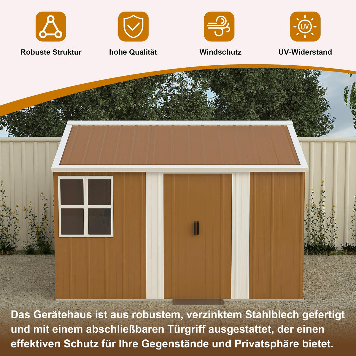 GERÄTEHAUS 300/240/194 cm Braun mit Fenstern, verschließbarer Tür und Belüftung, ohne Boden - Braun, Metall (240/194/300cm) - Oxeza
