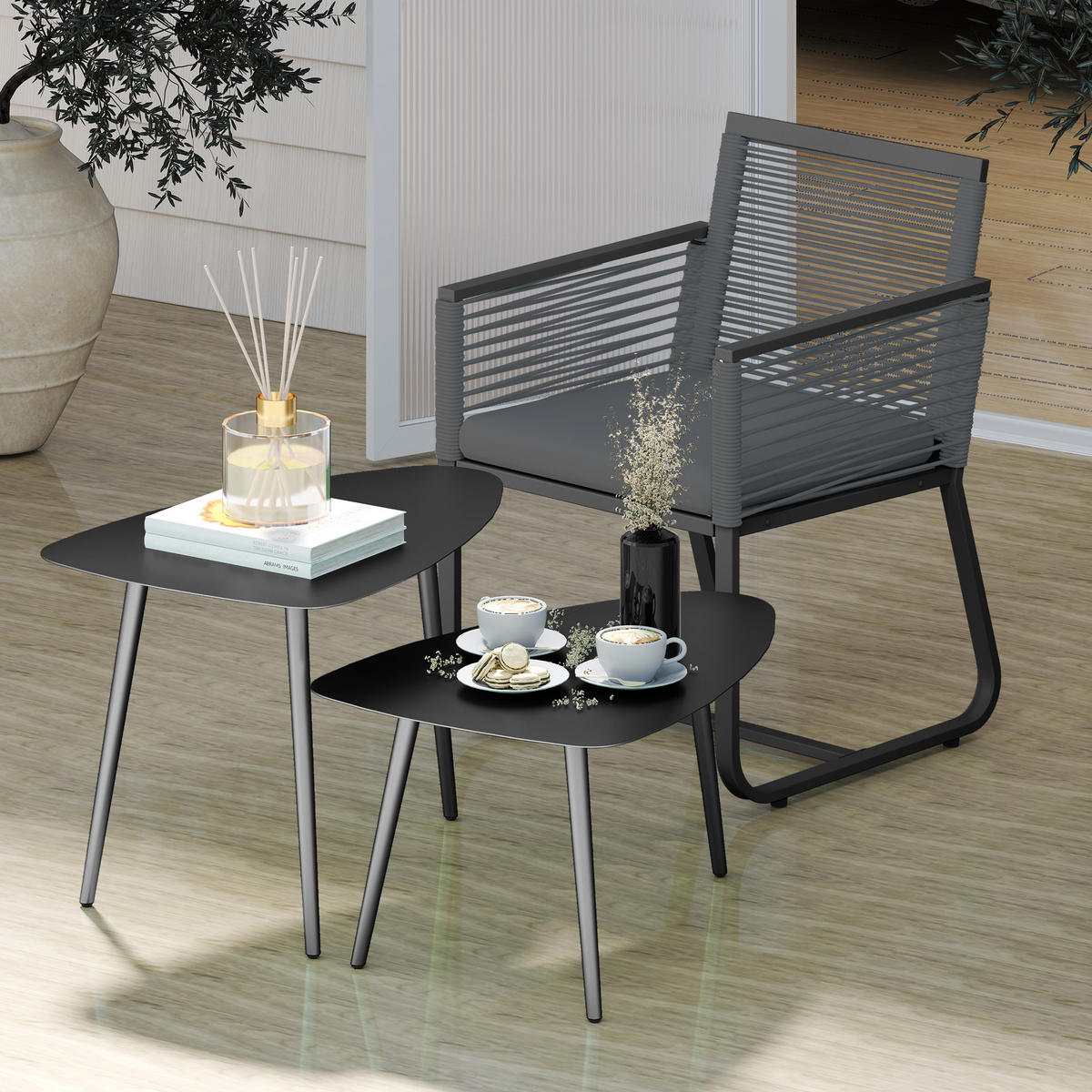 COUCHTISCH 2er-SET DE-07273 geometrisch und wetterfest Schwarz - Schwarz, Metall (65/45/45cm) - ComfortXL