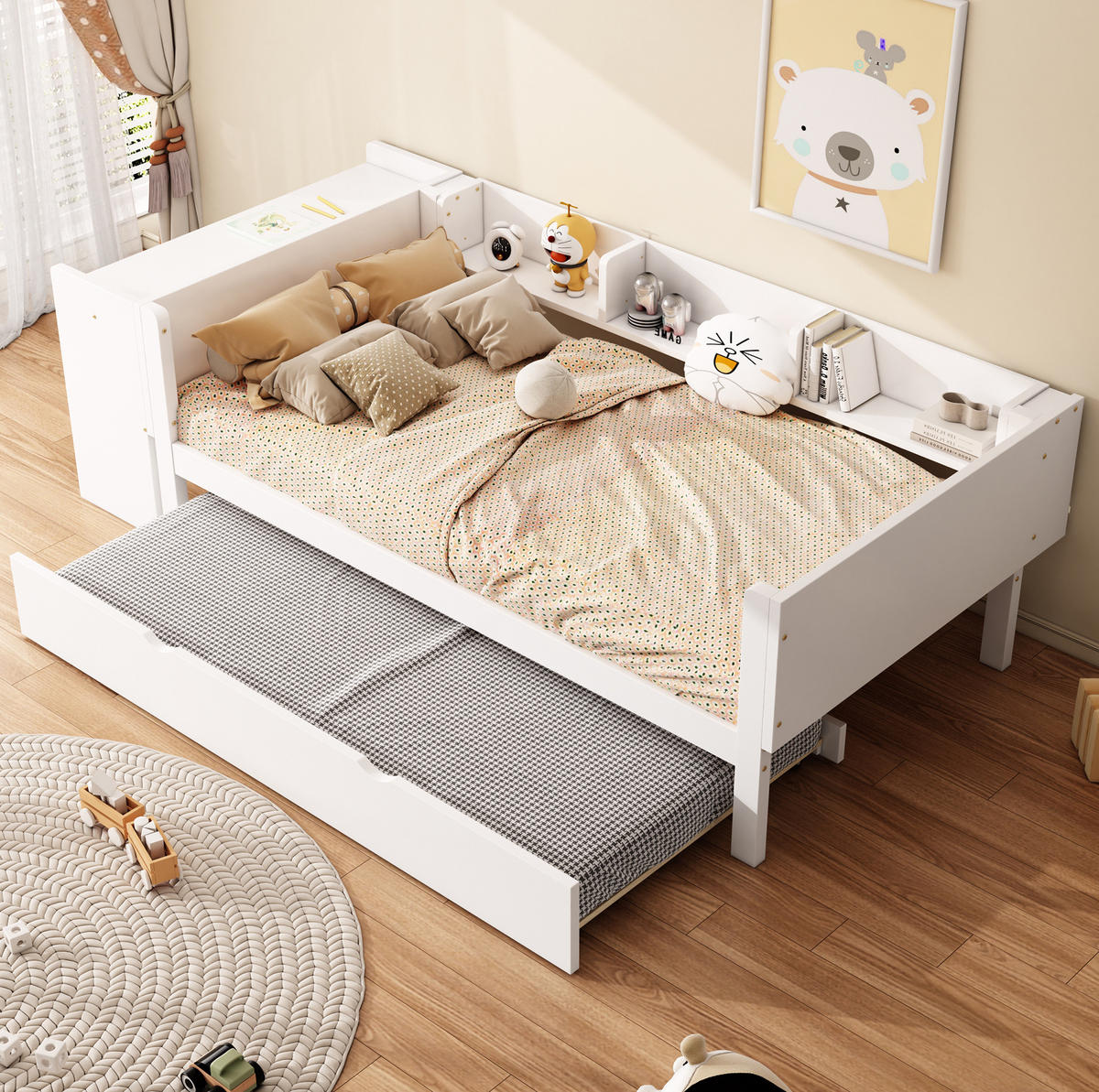 KINDERBETT 90/200 cm aus Kiefer/MDF mit Ausziehbett, Schreibtisch und 3 Regalen, Weiß - Weiß, Holzwerkstoff (90/200cm) - Redom