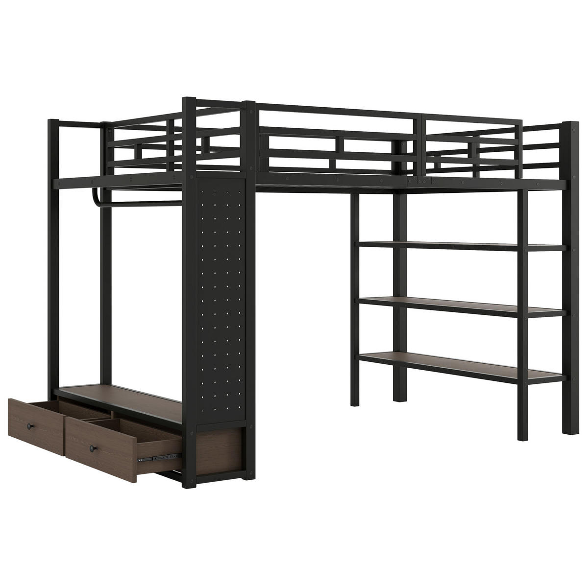 HOCHBETT 140/200 cm mit offenem Kleiderschrank, Regalen, Lochwand und LED-Beleuchtung, Schwarz - Schwarz, Holzwerkstoff (140/200cm) - Redom