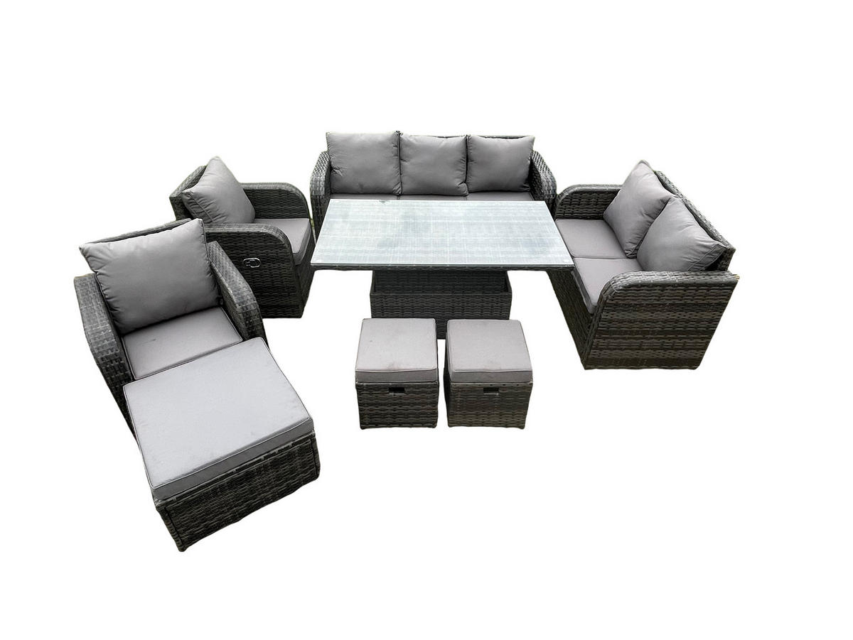GARTENSET MIT COUCHTISCH HOCKER Polyrattan Outdoor 9-Sitzer - Dunkelgrau/Grau, Glas/Kunststoff - Fimous