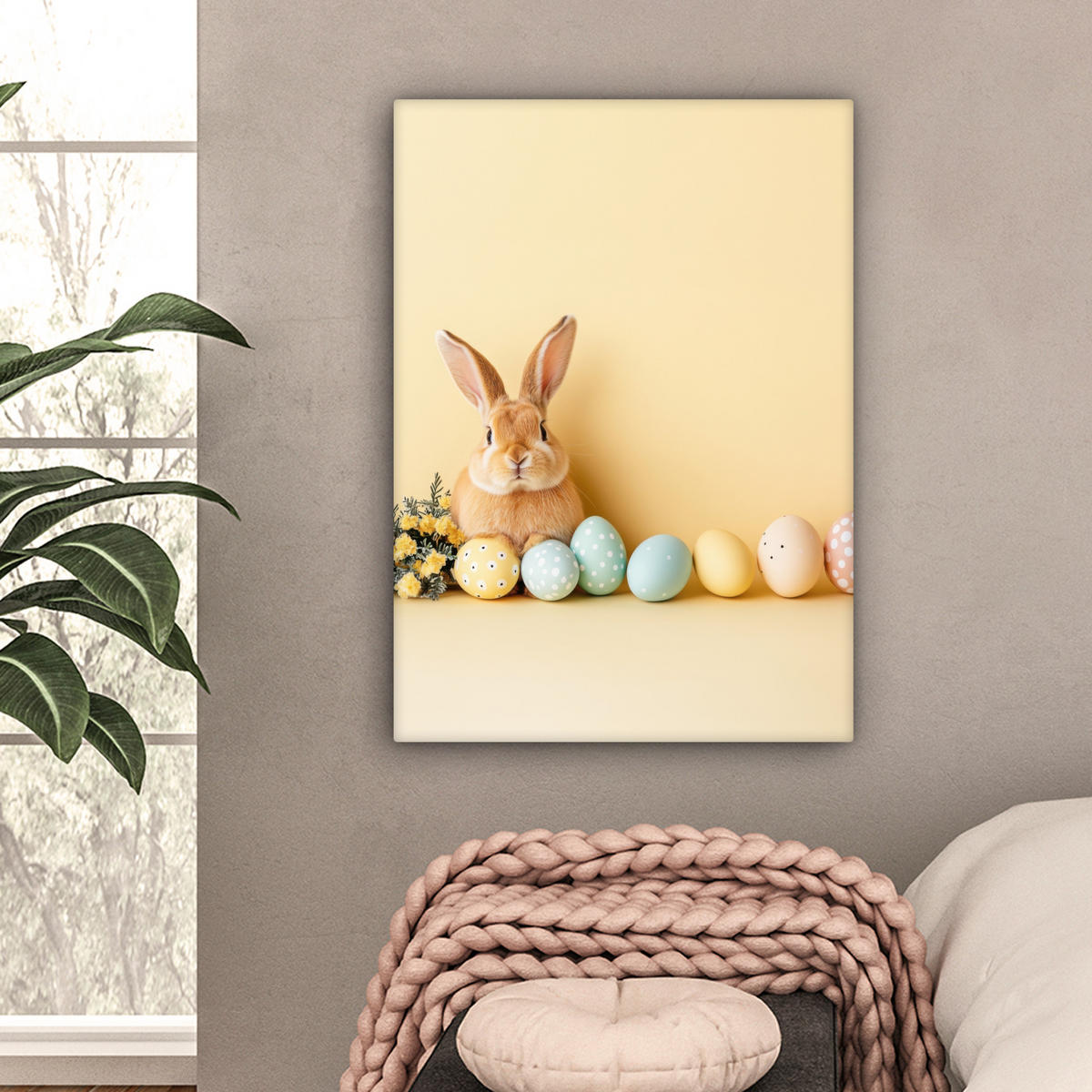 LEINWANDBILD Eier - Kaninchen - Pastellfarbtöne Wandbild Wohnzimmer 60x80 cm - Hellgelb, Textil (60/80cm) - MuchoWow