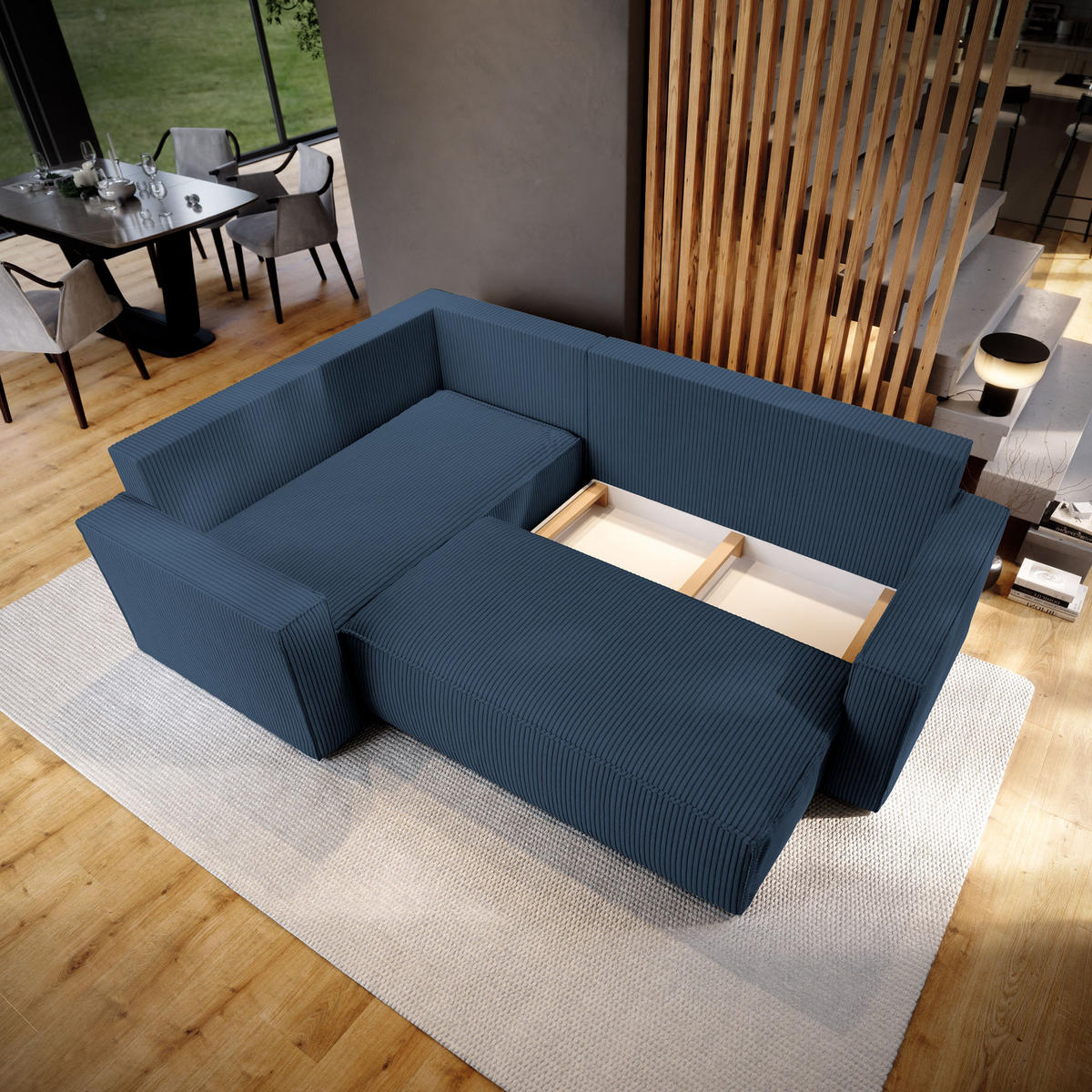 ECKSOFA ESTANO L-S Blau Kordstoff mit Schlaffunktion - Blau, Holz (230/158cm) - MASSENO