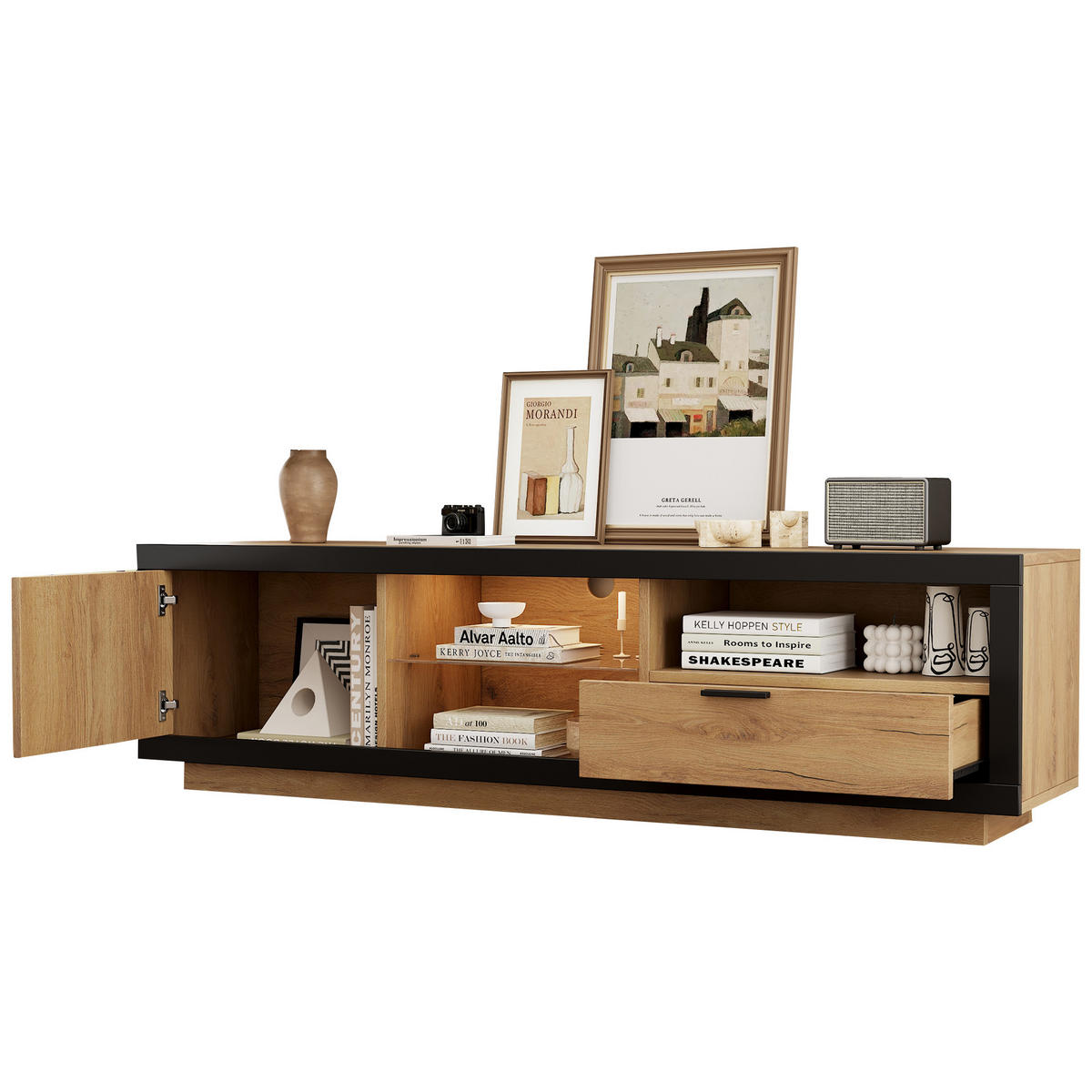 TV-ELEMENTLED 160x40x50cm mit App-Steuerung und Glasböden Schwarz-Eiche - Schwarz, Holz (50.8/14.61/74.3cm) - Raelunyi