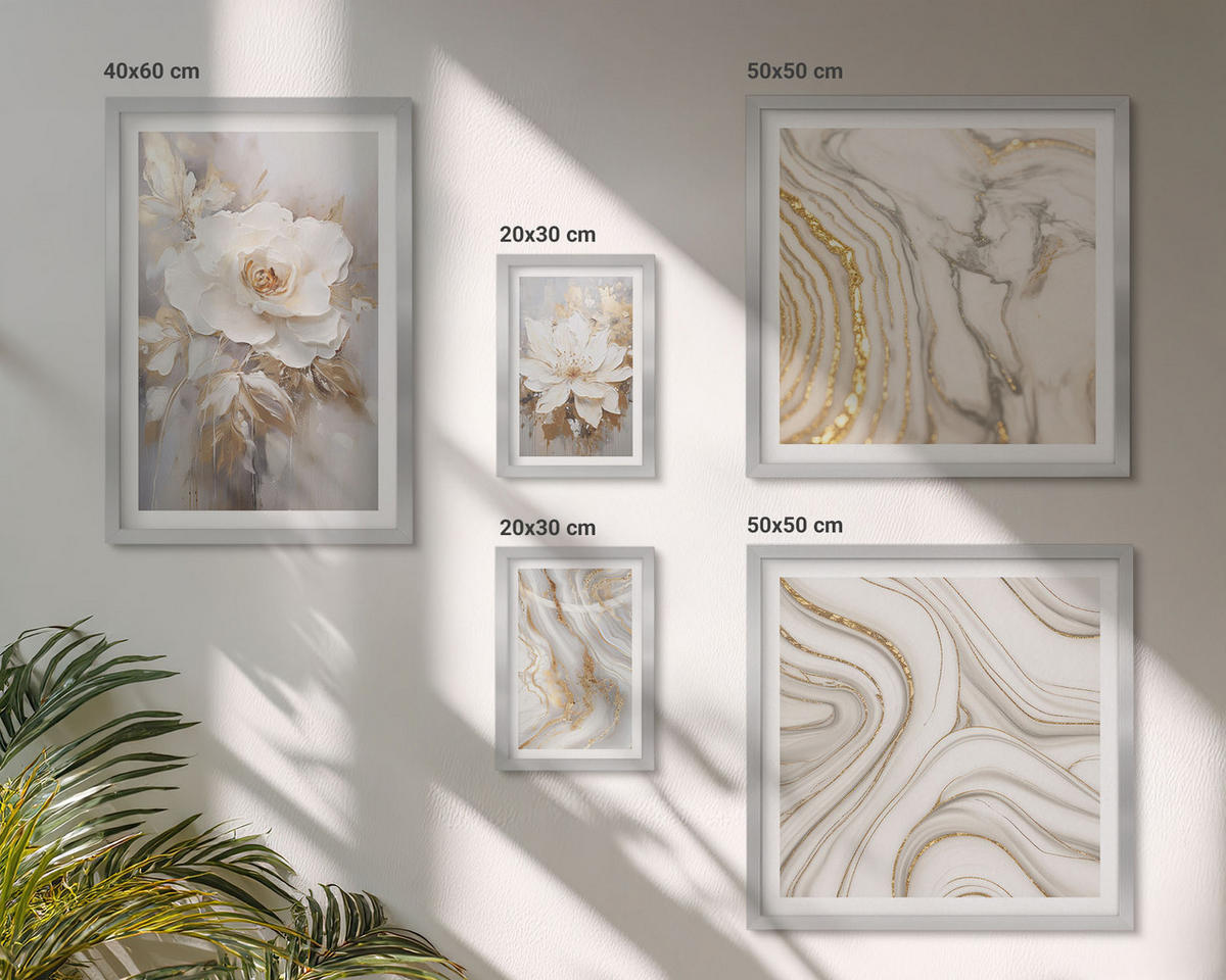 BILDER SET 5er Set - 50x50 cm & 20x30 cm & 40x60 cm Silberner Rahmen - Subtile abstrakte Muster - Silberfarben, Kunststoff (40/60cm) - TULUP