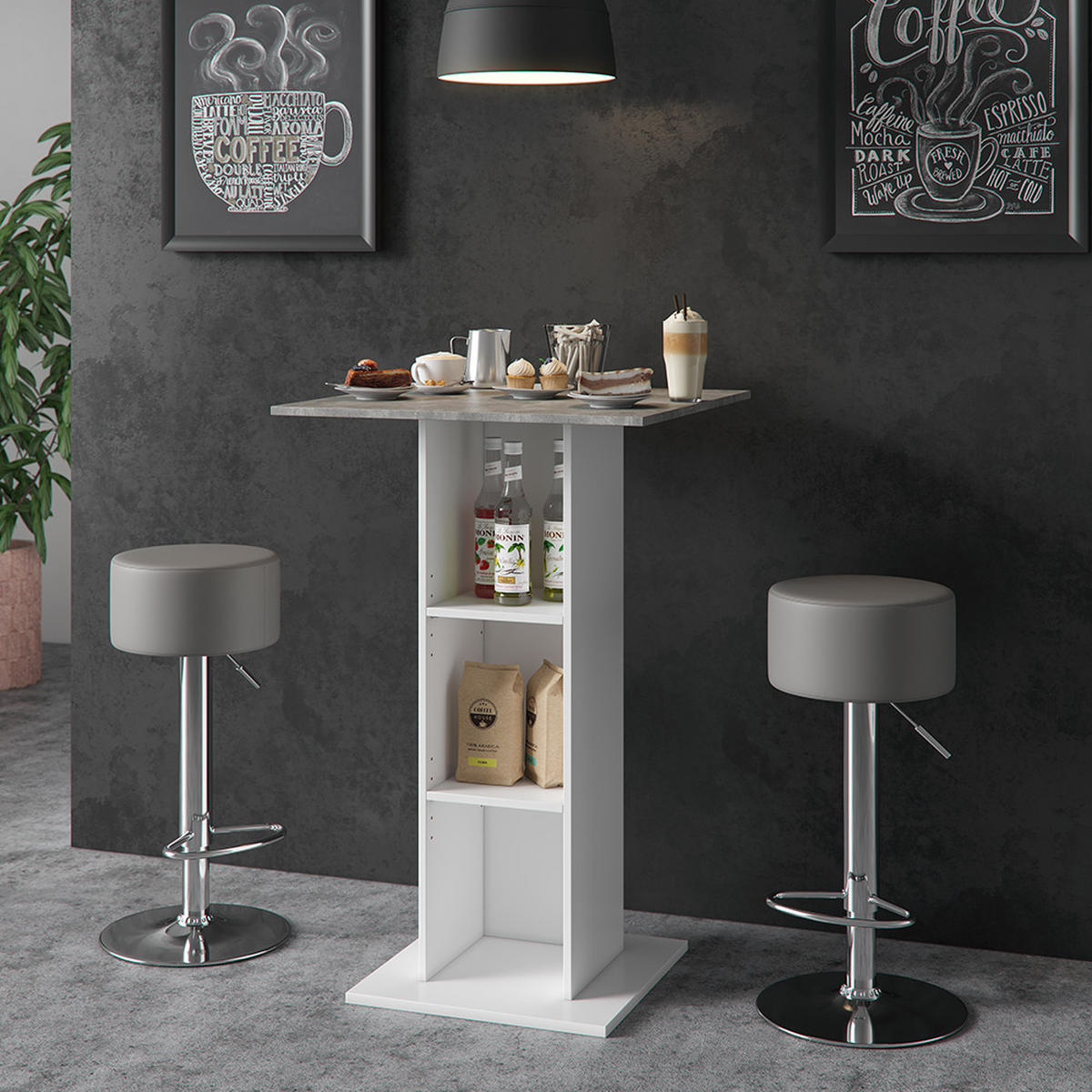 BARTISCH-SET Rodeo Beton 70 x 70 cm mit 2 Barhockern - Grau, Holzwerkstoff (70/109/70cm) - Vicco