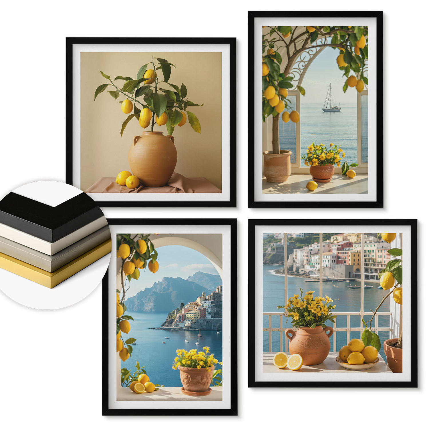 WANDBILDER 4er-Set - 50x50 cm & 40x60 cm Schwarzer Rahmen - Zitronenblumen aus der Küstenstadt - Schwarz, Kunststoff (50/50cm) - ArtPrintCave