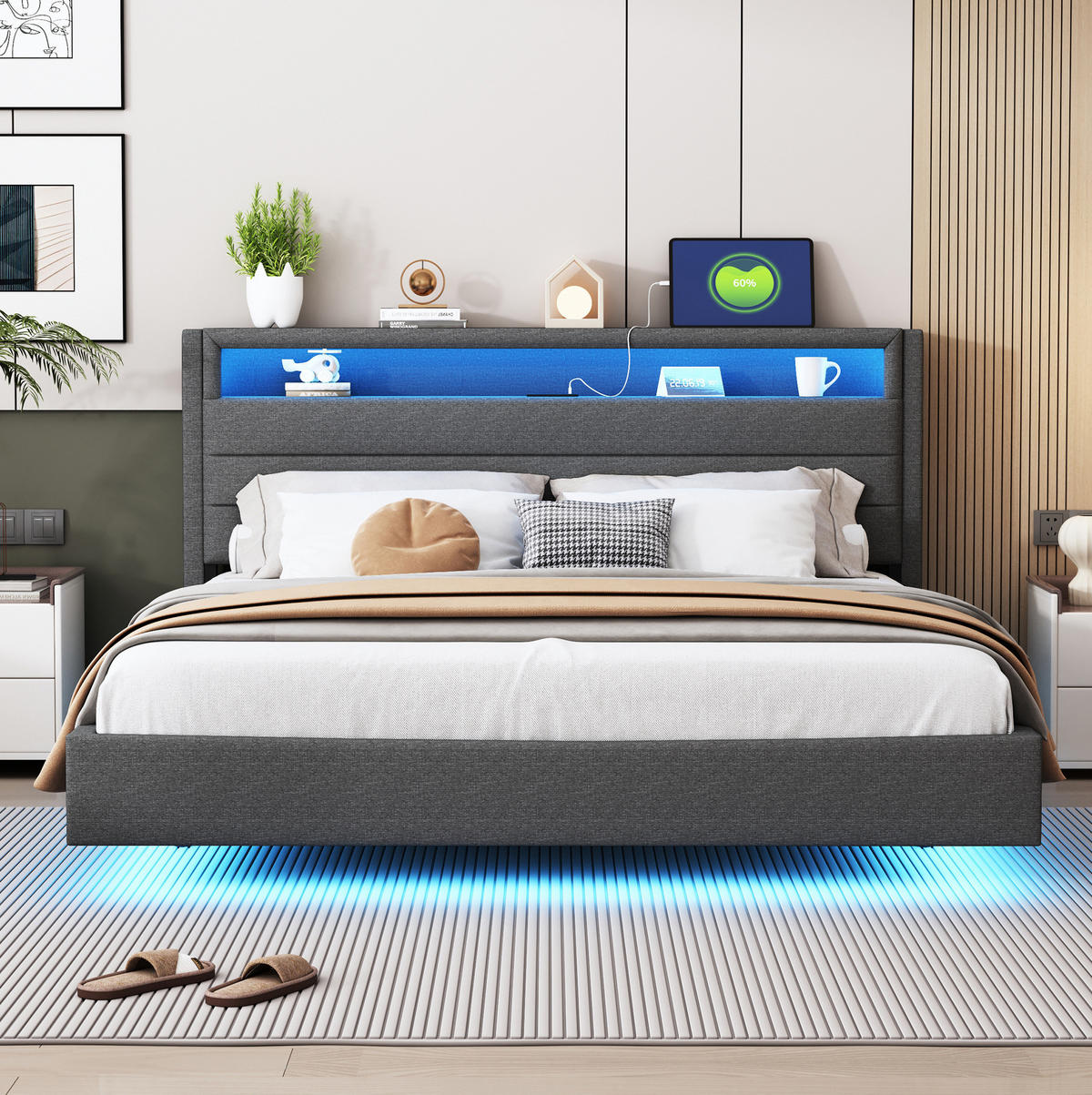 POLSTERBETT 160/200 cm grau aus Stoff mit LED-Beleuchtung und USB-Steckdose - Grau, Textil (160/200cm) - OKMYHOME