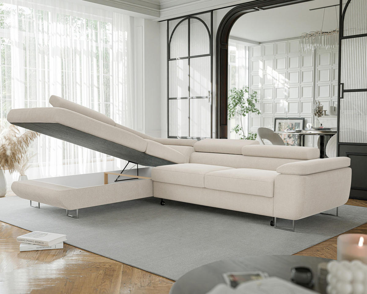 ECKSOFA ANTON mit Schlaffunktion und Bettkasten Creme - Creme, Holzwerkstoff/Kunststoff (274/203cm) - Idohome