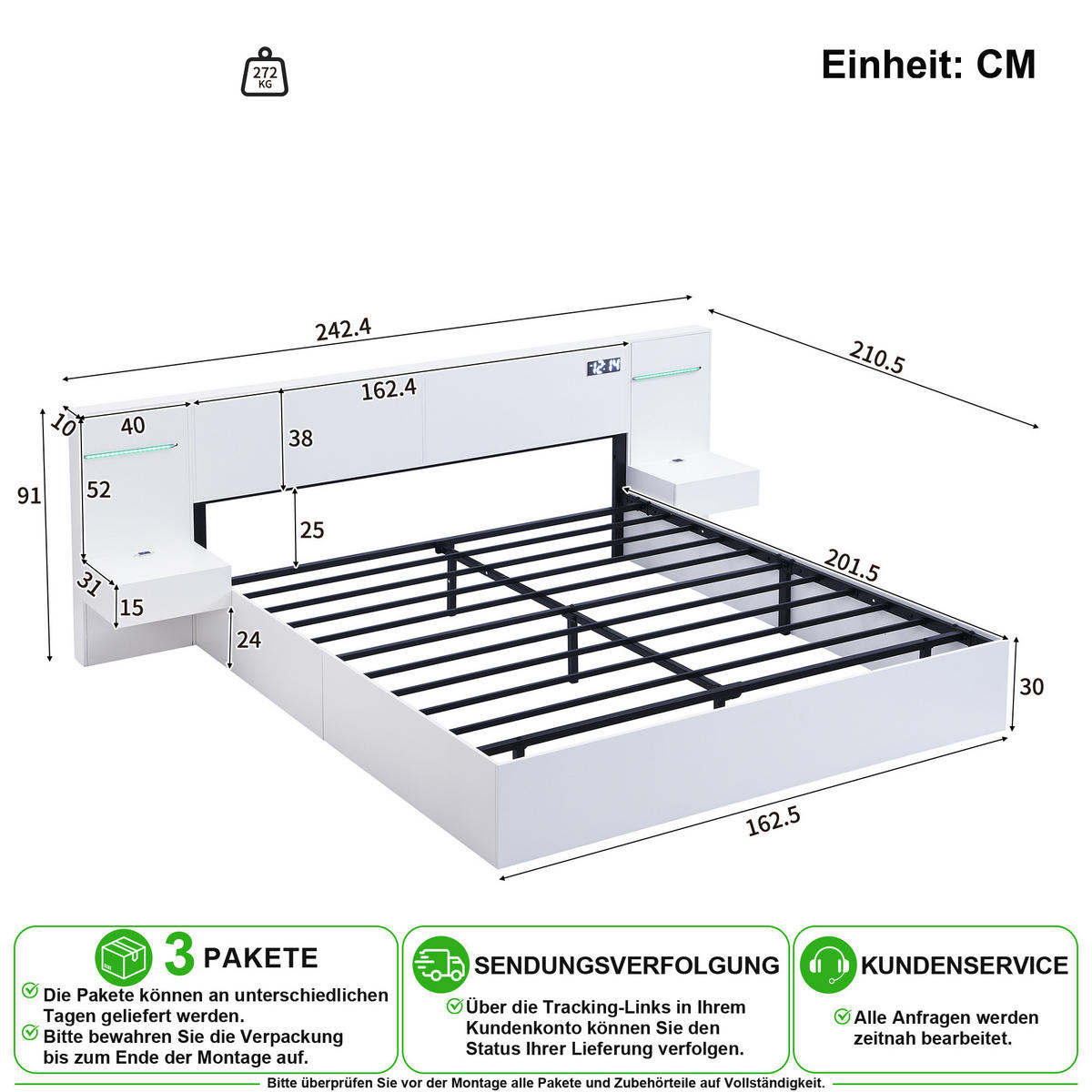 BETT 160/200 cm in Weiß mit LED, USB-C und Bluetooth - Weiß, Holz/Holzwerkstoff (160/200cm) - CHICFURN