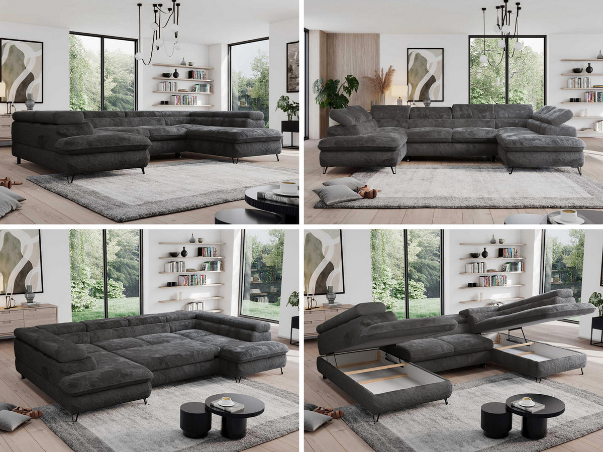 WOHNLANDSCHAFT PEDRO U Plüsch Anthrazit - Anthrazit/Schwarz, Textil/Metall (346/76/208cm) - MKS