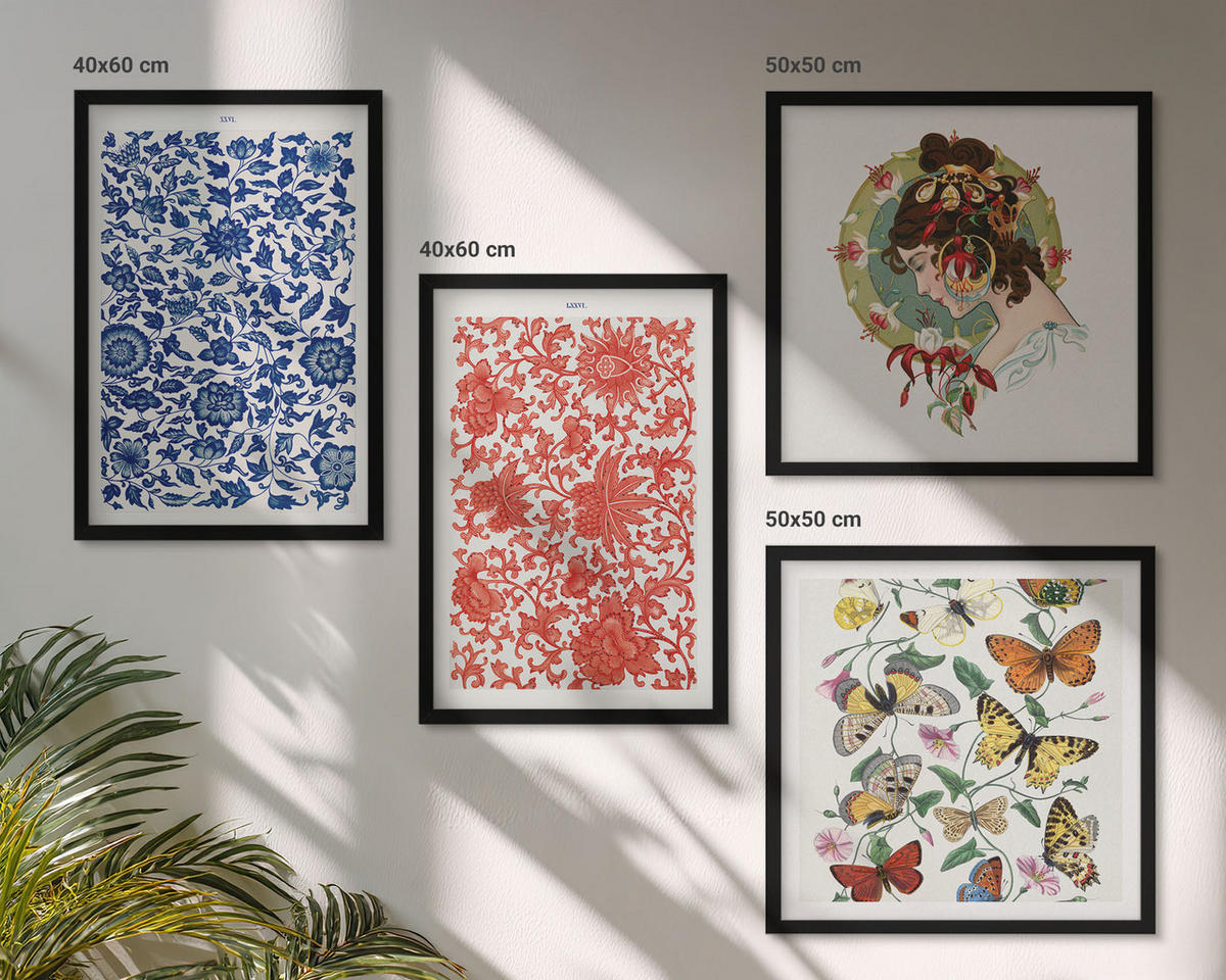 BILDER SET 4er Set - 50x50 cm & 40x60 cm Schwarzer Rahmen - Vintage-Blumen-Schmetterlings-Ornamente - Schwarz, Kunststoff (50/50cm) - TULUP