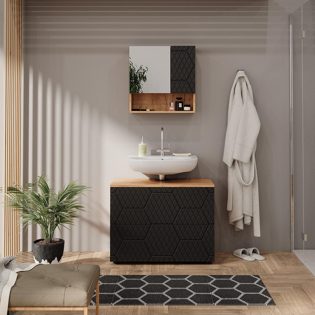 WASCHBECKENUNTERSCHRANK Irma Anthrazit gestreift 80 cm mit 2 Schubladen - Anthrazit, Holzwerkstoff (41/58.6/80cm) - Vicco