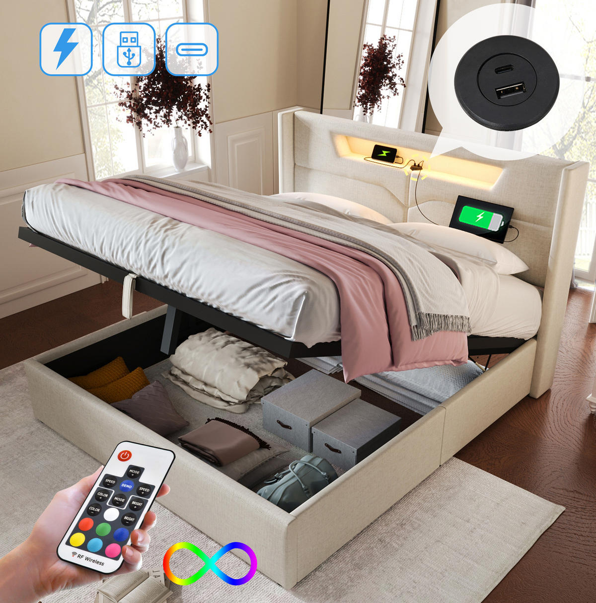POLSTERBETT 140/200 cm Beige aus Leinen mit LED-Beleuchtung und USB-Anschluss - Beige, Textil (140/200cm) - OKMYHOME