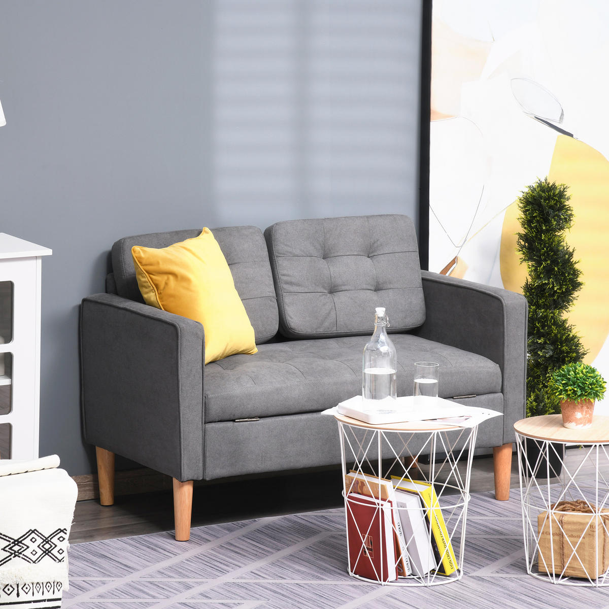 2-SITZER Sofa Stoffsofa Doppelsofa abnehmbar mit Kissen Gummiholz Baumwoll Grau - Naturfarben/Grau, Holz/Textil (62/78/117cm) - HOMCOM