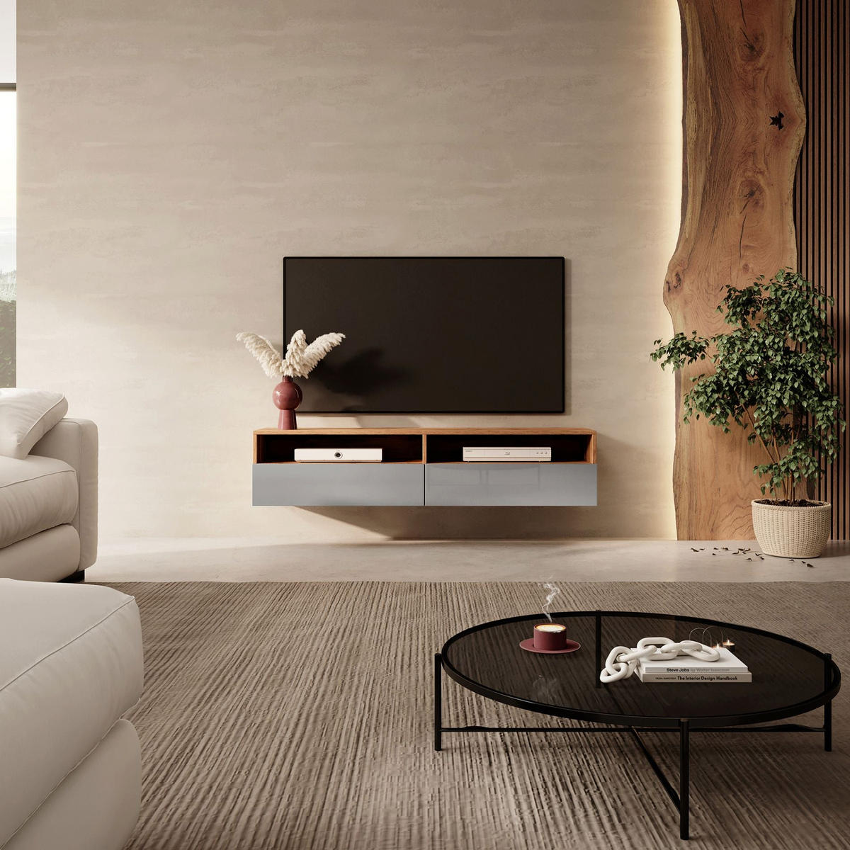 TV-LOWBOARD Rednaw mit LED Eiche/Grau Hochglanz 140/30/31 cm - Eichefarben, Holzwerkstoff (140/30/31cm) - Selsey