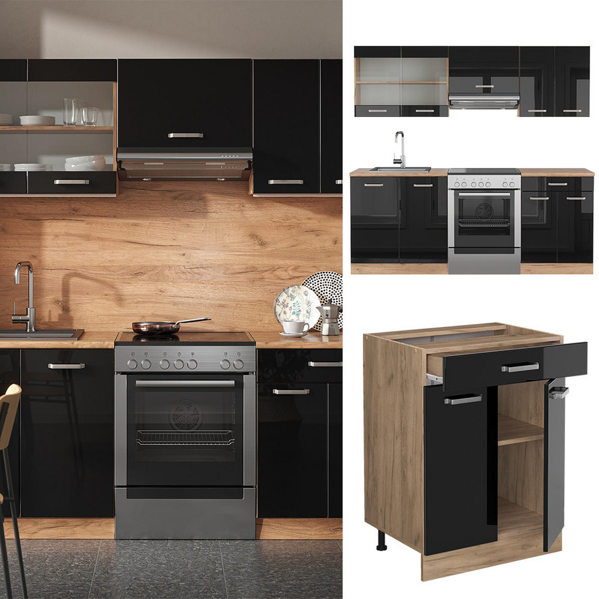 KÜCHE R-Line Schwarz Hochglanz/Goldkraft Eiche 200 cm ohne AP - Honigeiche/Schwarz Hochglanz, Holzwerkstoff (200/81.6/46cm) - Vicco