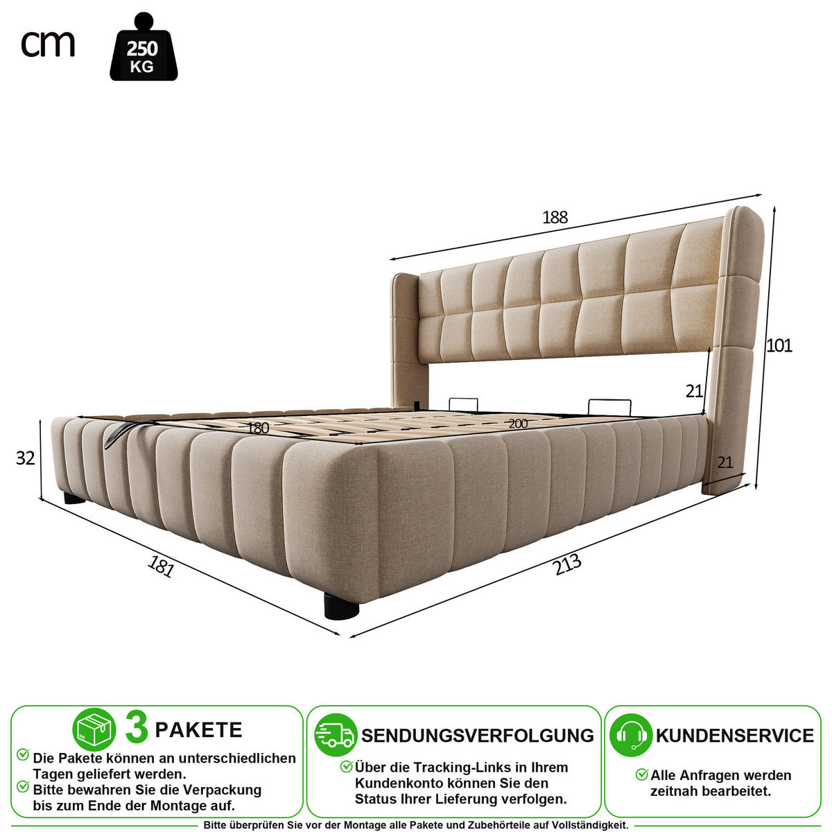 ČALOUNĚNÁ POSTEL 180/200 cm v béžové barvě s úložným prostorem a lněným potahem - béžová, kov/kompozitní dřevo (180/200cm) - CHICFURN