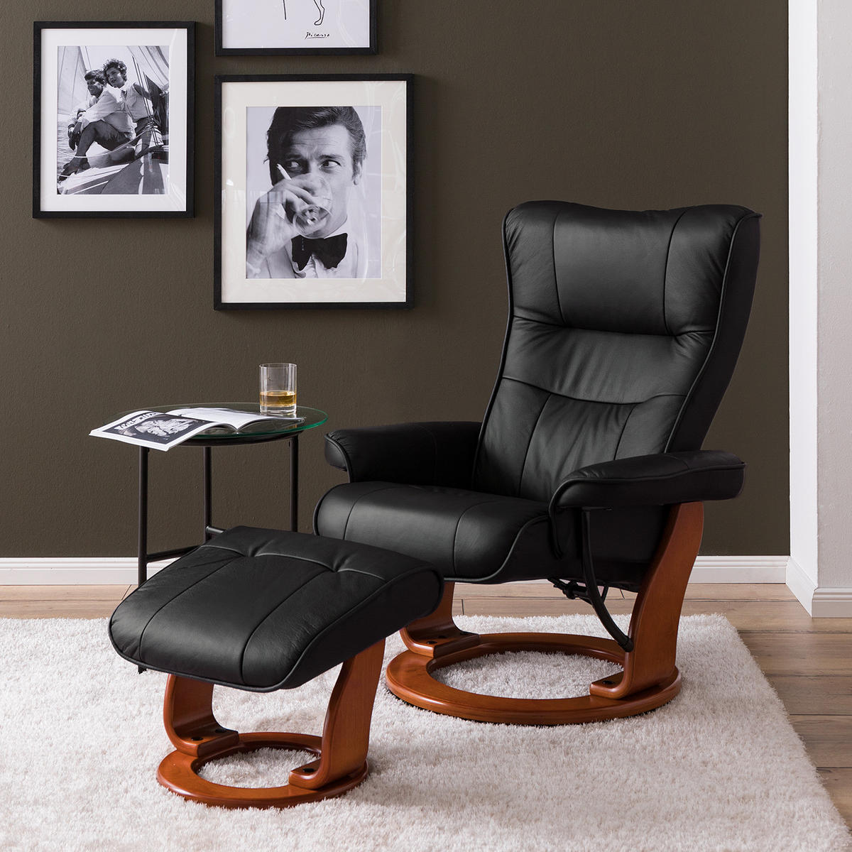 RELAXSESSEL - Echtleder / Kunstleder - Schwarz/Braun, Leder/Holz (82/105/84cm) - home24